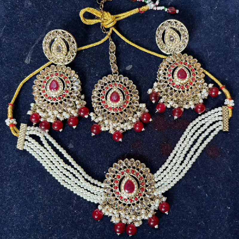 Shree Chamunda Jewellers Gold Plated Crystal Stone And Pearls Choker Necklace Set