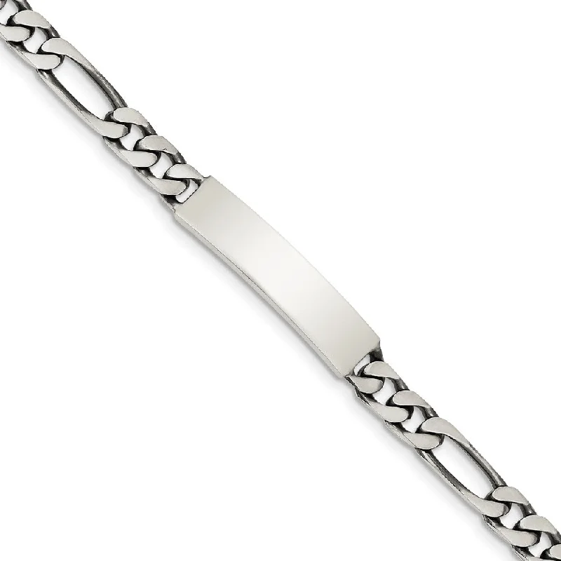 7mm Antiqued Sterling Silver Engravable Figaro Link I.D. Bracelet