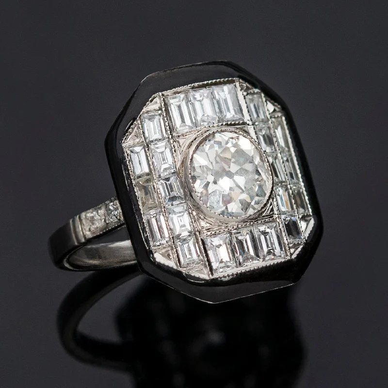 Art Deco Style Platinum, Enamel + Diamond Ring 1ctw Center