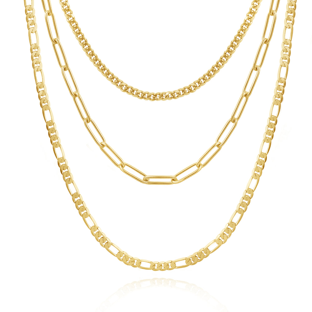 Dainty 14K Gold Layered Necklaces- Cuban+Figaro+4mm Paperclip