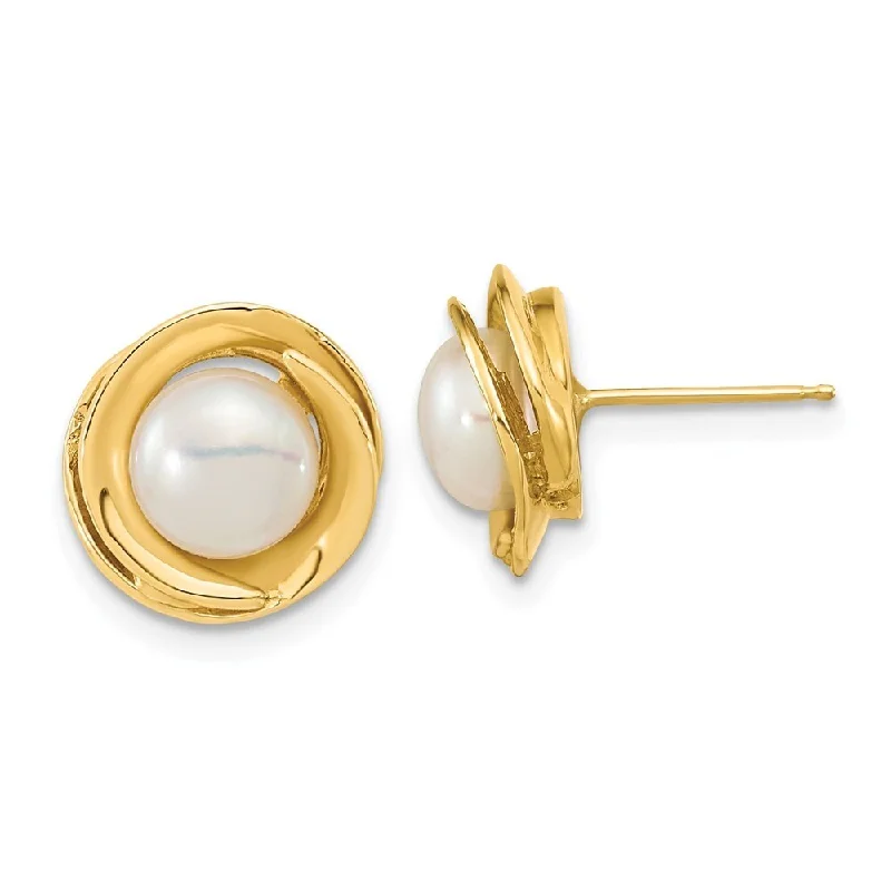 14k Yellow Gold 6-7mm White Button Freshwater Cultured Pearl Stud Earrings (L-11.2 mm, W-10.5 mm)