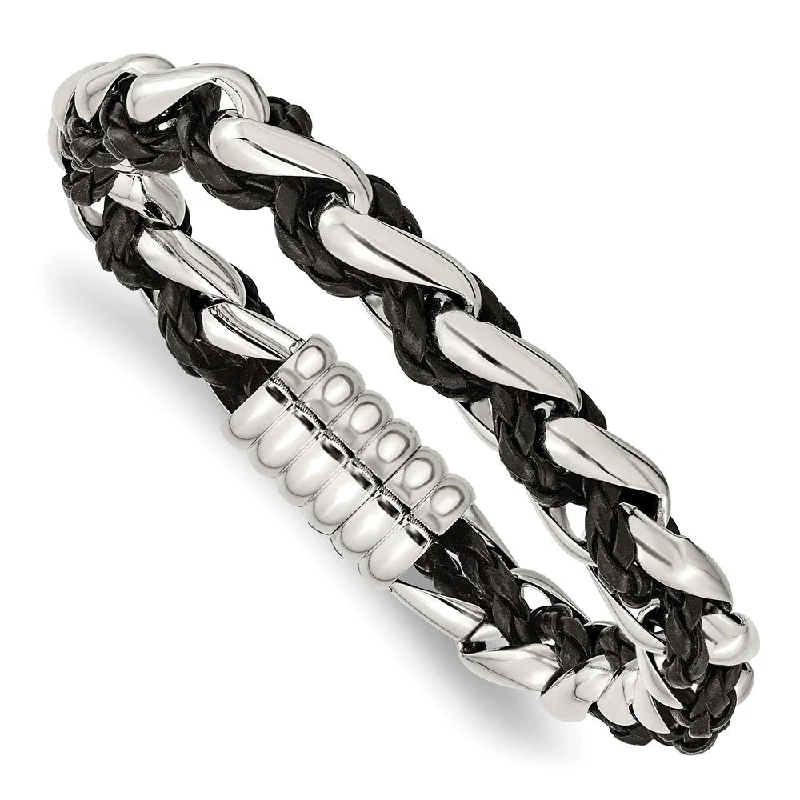 10.75mm Stainless Steel & Black Leather Polished Link Bracelet, 8.5 In