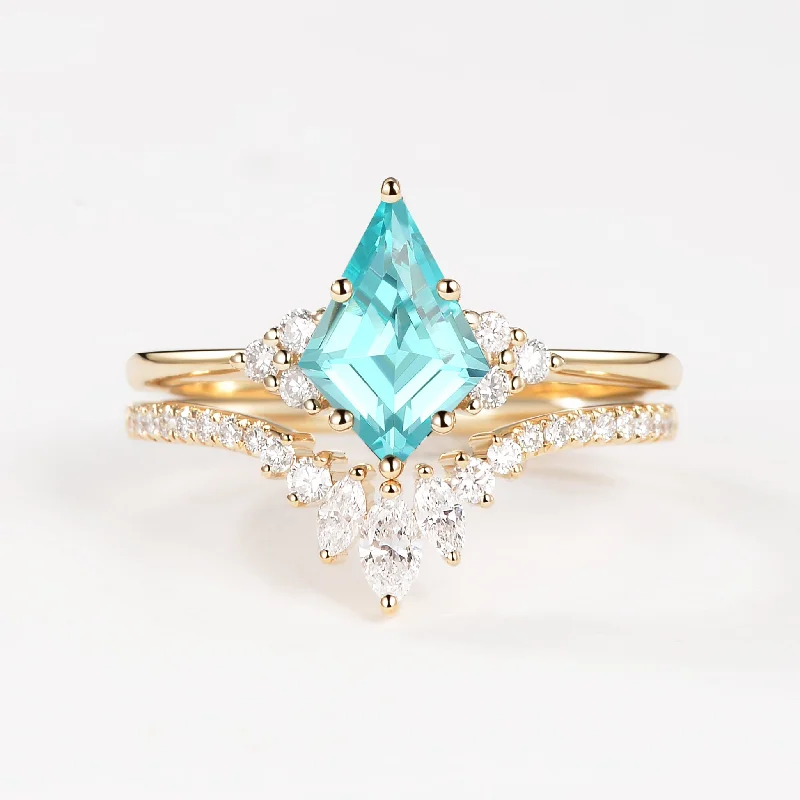 Sun & Glass Sea - Unique Lab Grown Paraiba Engagement Ring Set 2pcs - Lydia