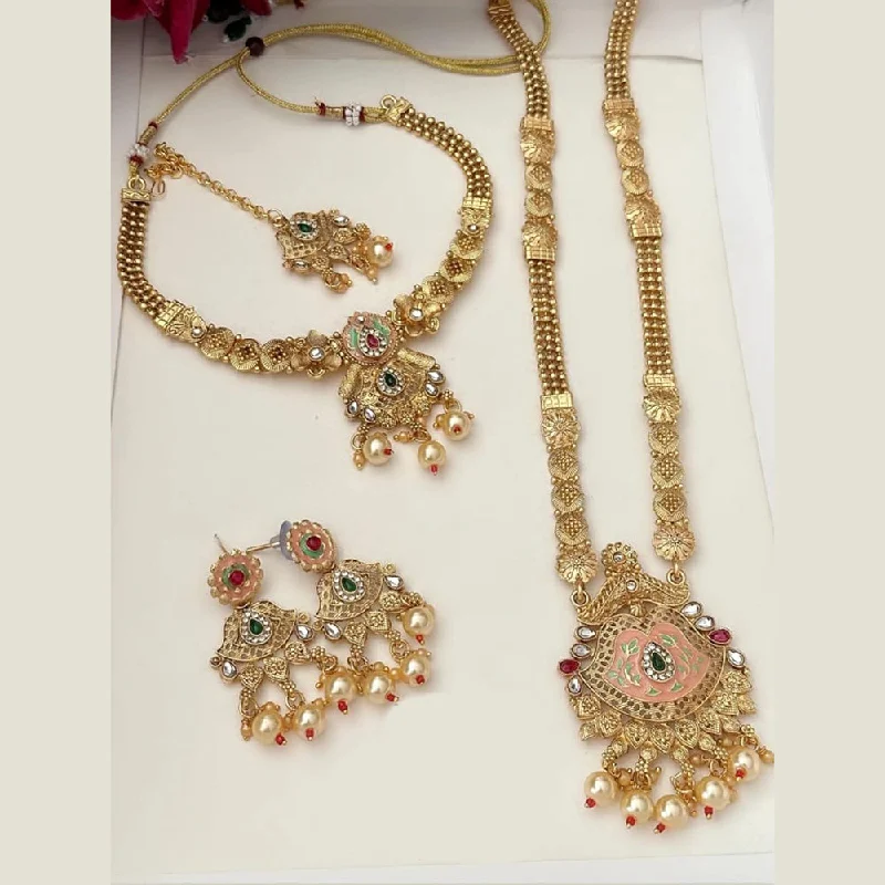 FS Collection Gold Plated Pota Stone And Pearls Double Necklace Set