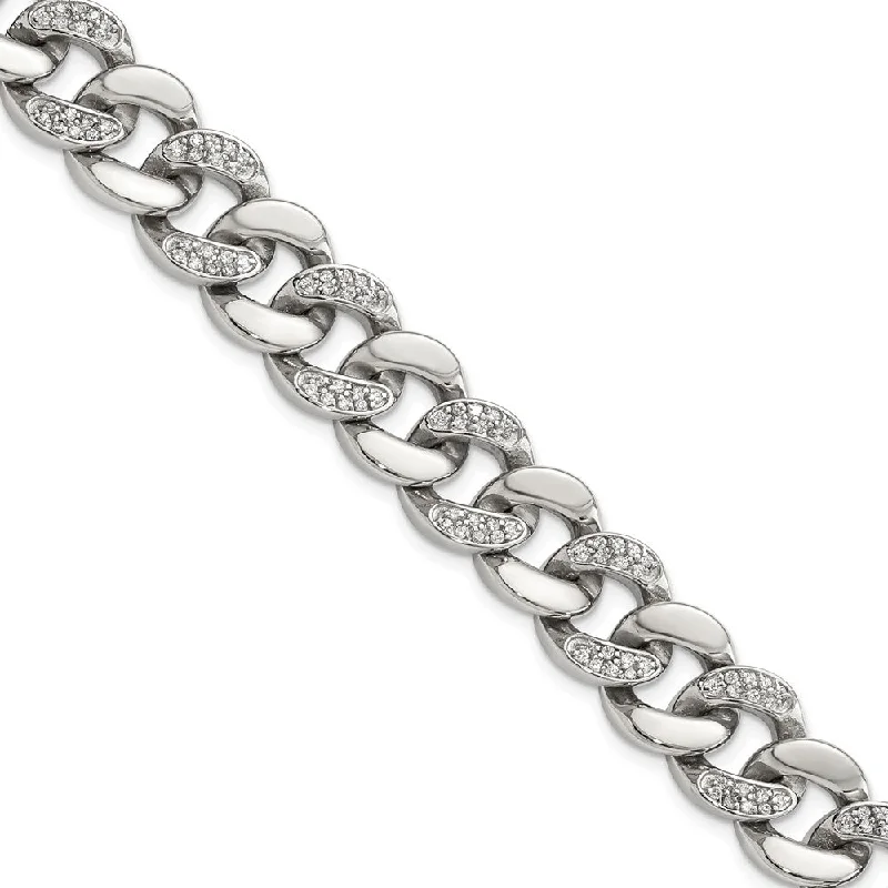 13mm Stainless Steel & CZ Curb Chain Bracelet, 8 Inch