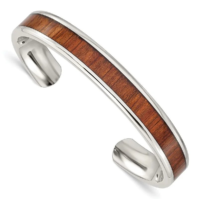 Men's 10mm Stainless Steel & Red/Orange Wood Inlay Cuff Bracelet