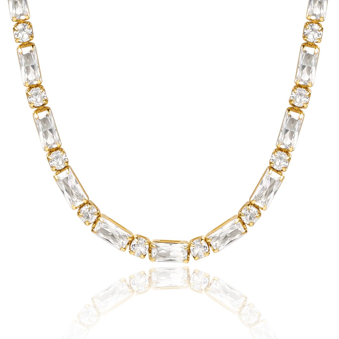 14K Gold Diamond Tennis Necklace CZ Baguette Tennis Chain- Square CZ