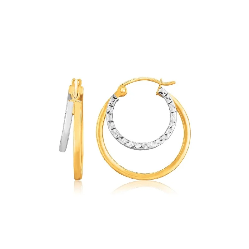 14k Two Tone Gold Double Hoop Hammered Texture Earrings