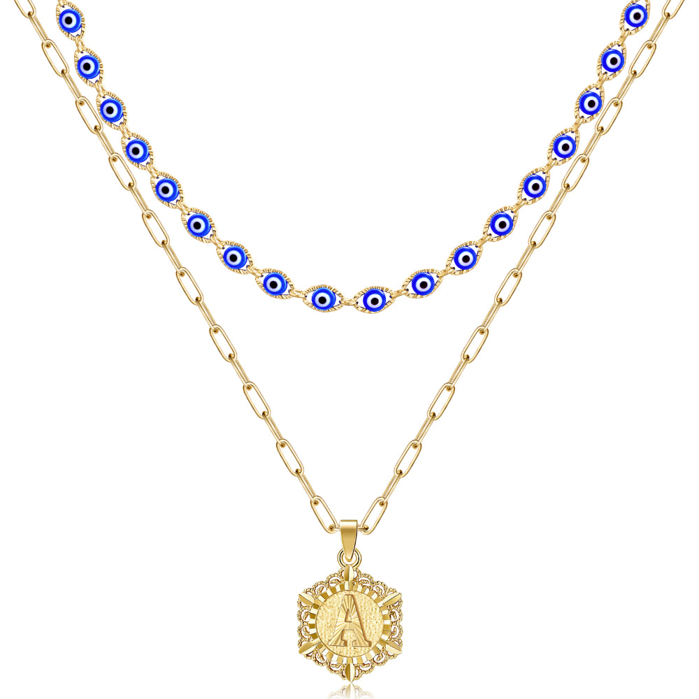 14K Gold Layered Evil Eye Initial Necklaces for Women