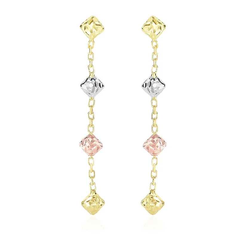 14k Tri-Color Gold Diamond Shape with Diamond Cuts Chain Dangling Earrings