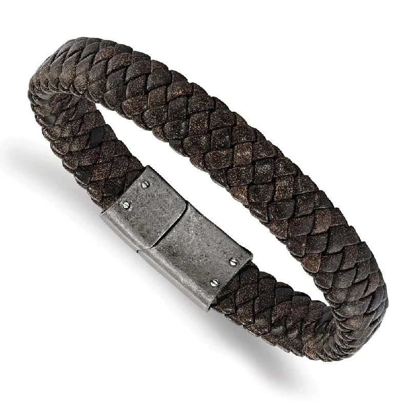 11mm Antique Stainless Steel, Speckled Brown Leather Bracelet, 8.25 In