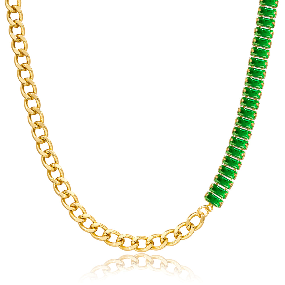 14K Gold Diamond Tennis Necklace CZ Tennis Chain- Baguette Green CZ & Cuban