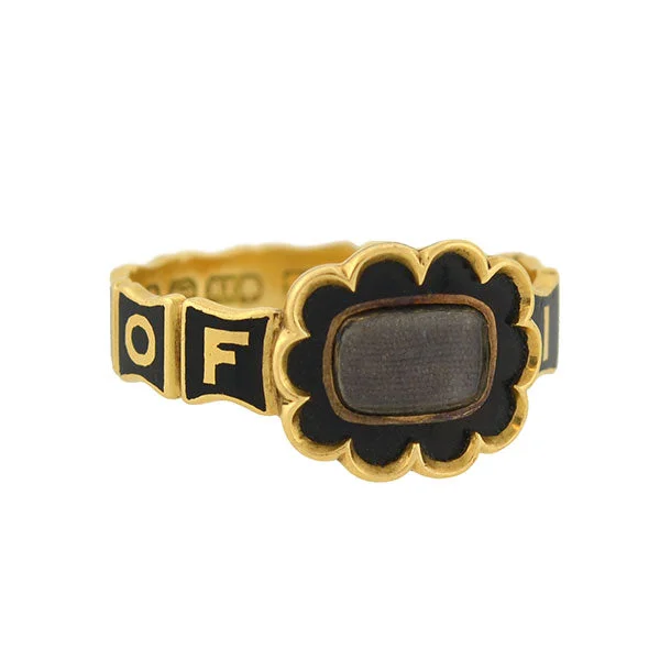 Early Victorian English 18kt Enamel & Woven Hair Mourning Ring