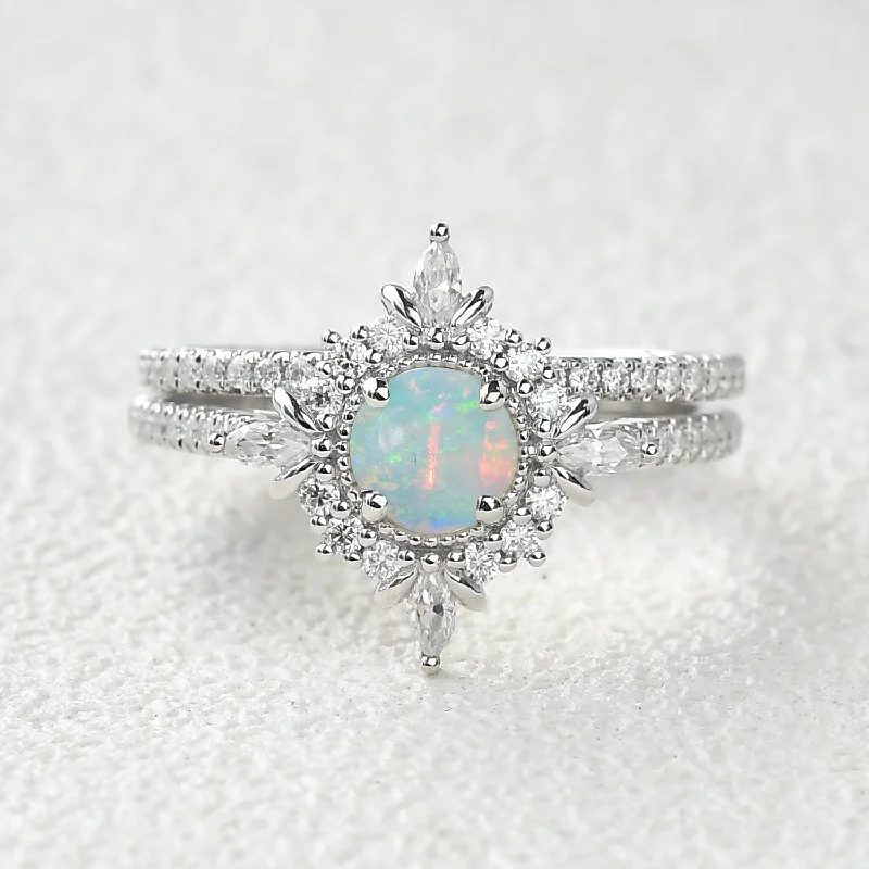 Round Cut Opal Floral Cluster Engagement Ring Set 2pcs