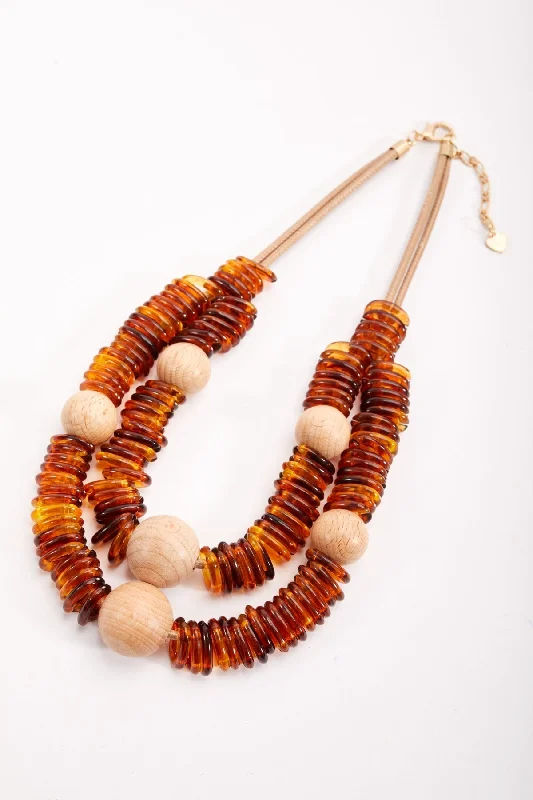 Wood and Tortoise Beaded Necklace