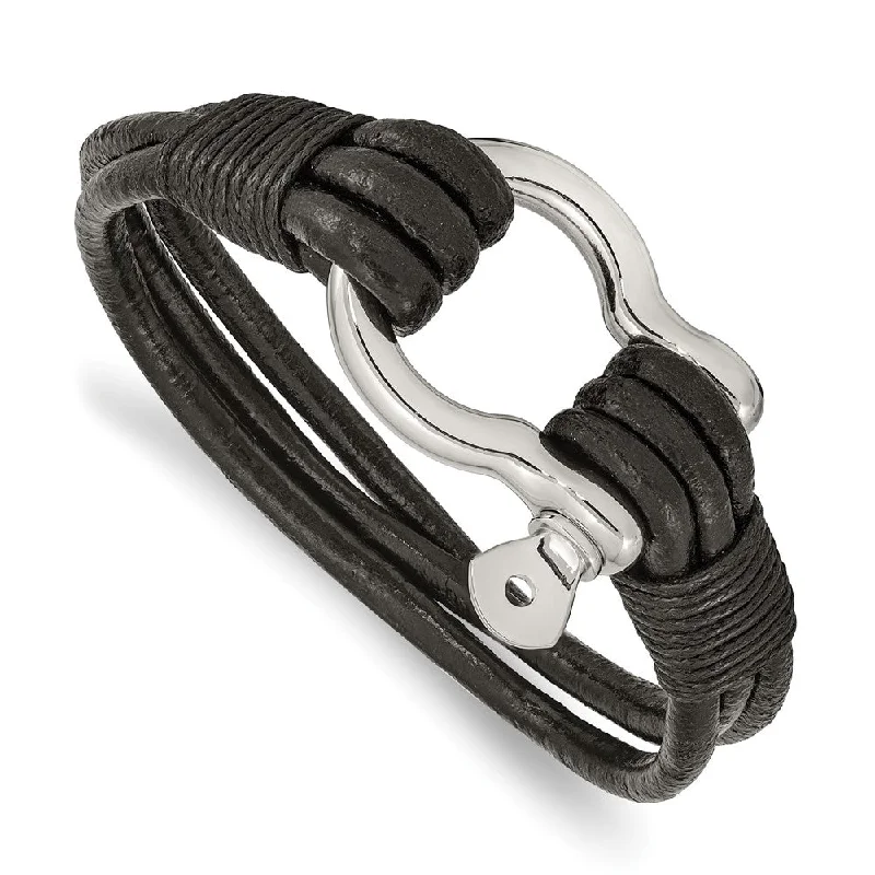 Stainless Steel & Black Leather Shackle Multi Strand Bracelet, 8.5 In