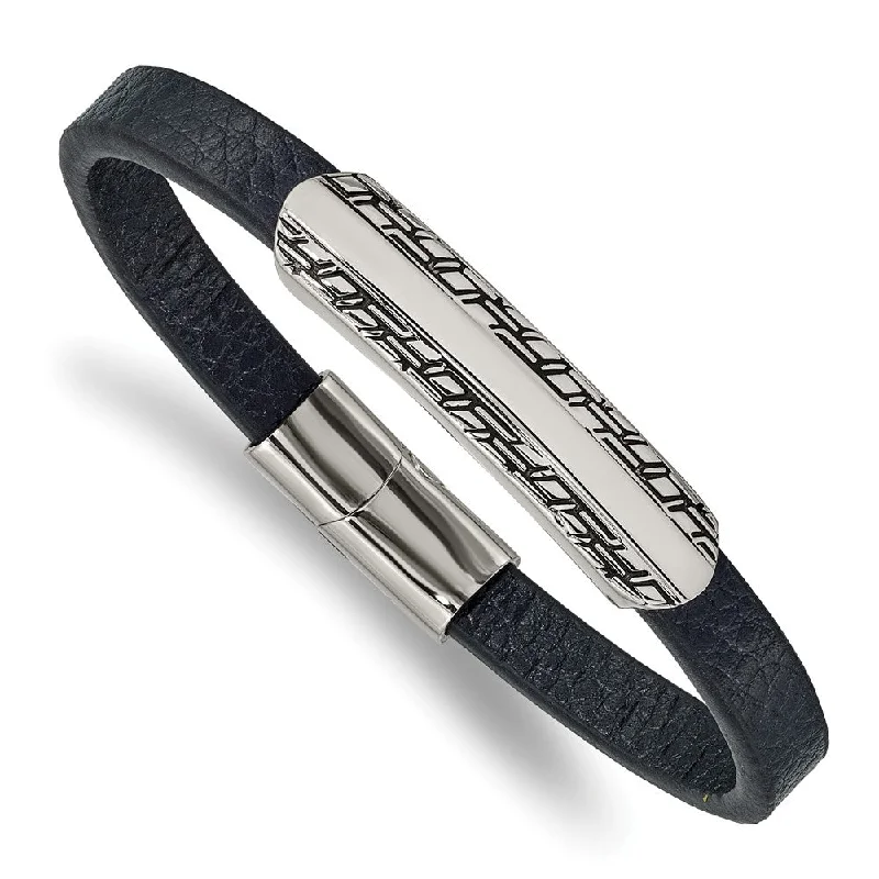 Stainless Steel & Navy Blue Leather Antiqued I.D. Bracelet, 8.25 Inch