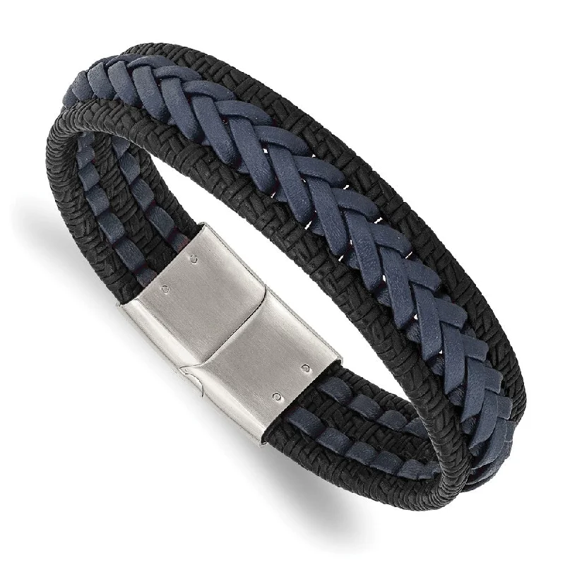 15mm Stainless Steel Black/Blue Braided Leather Bracelet, 8.25 Inch