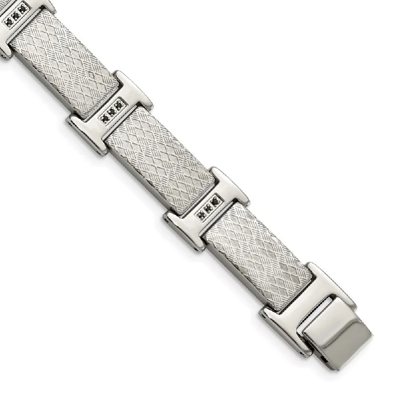 Men's 14mm Stainless Steel & Black CZ Textured Link Bracelet, 8.5 Inch