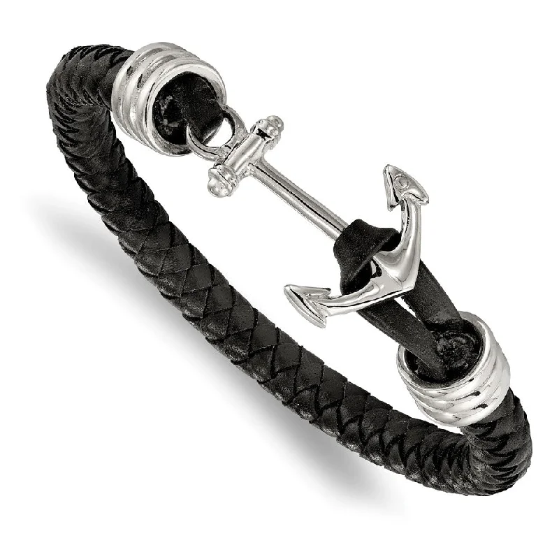 Stainless Steel Black Braided Leather Anchor Toggle Bracelet, 8.5 Inch