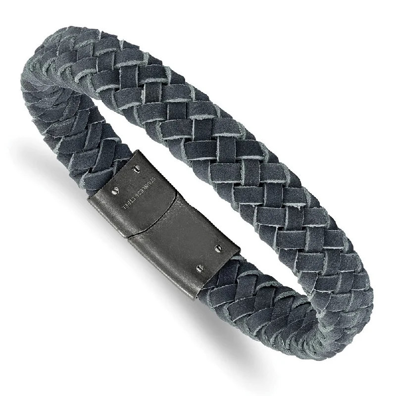 12mm Antiqued Stainless Steel Gray Leather Braided Bracelet, 8.5 Inch