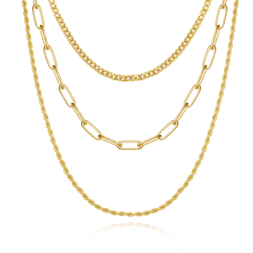 Dainty 14K Gold Layered Necklaces- Cuban+Rope+Paperclip