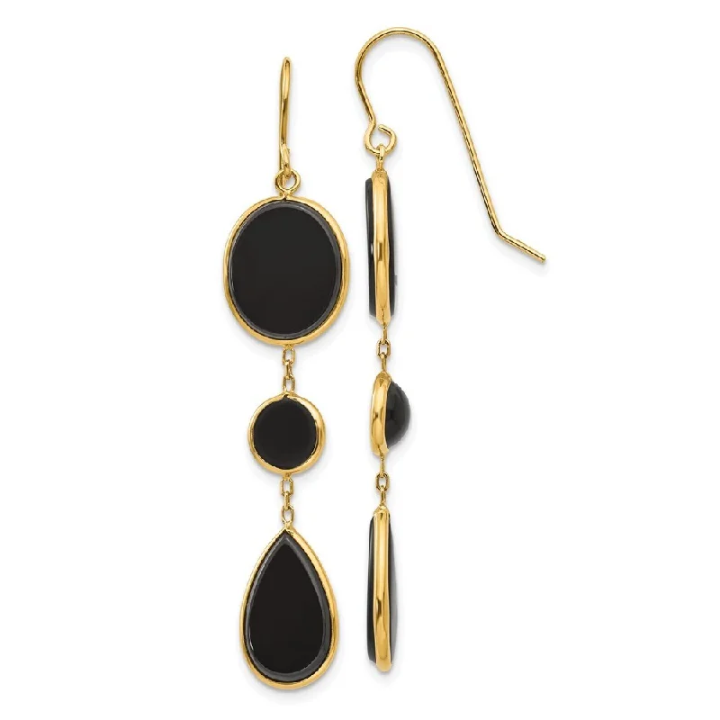 14k Yellow Gold Onyx Geometric Dangle Earrings (L-53 mm, W-10 mm)