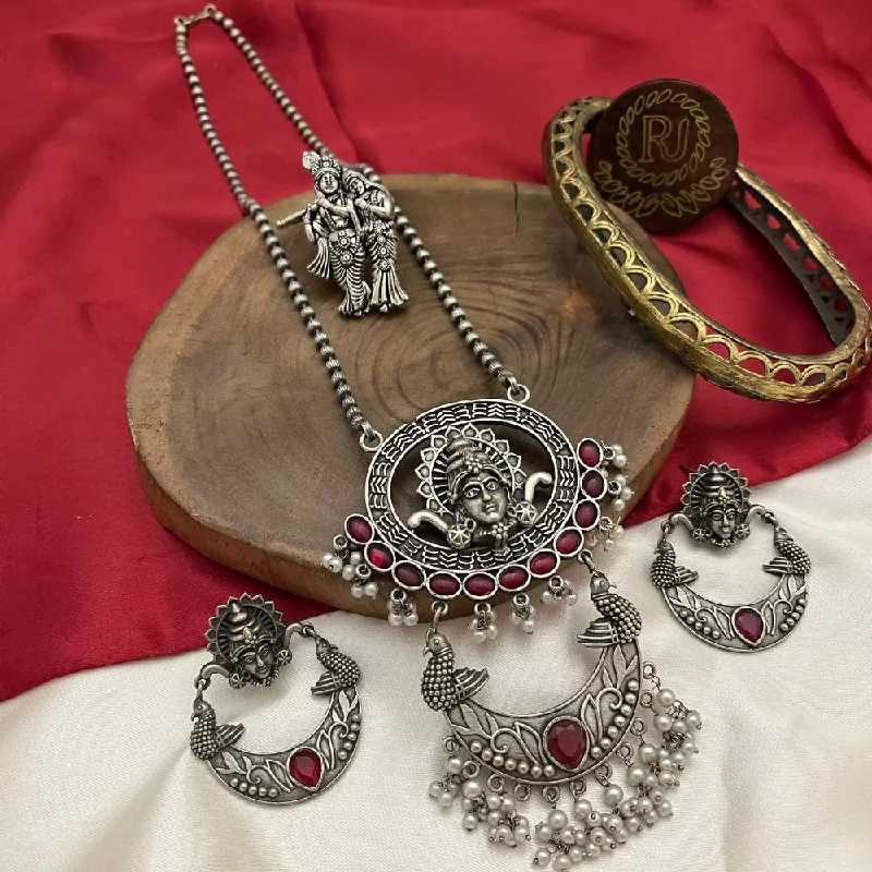 FS Collection Oxidised Plated Pota Stone Temple Long Necklace Set