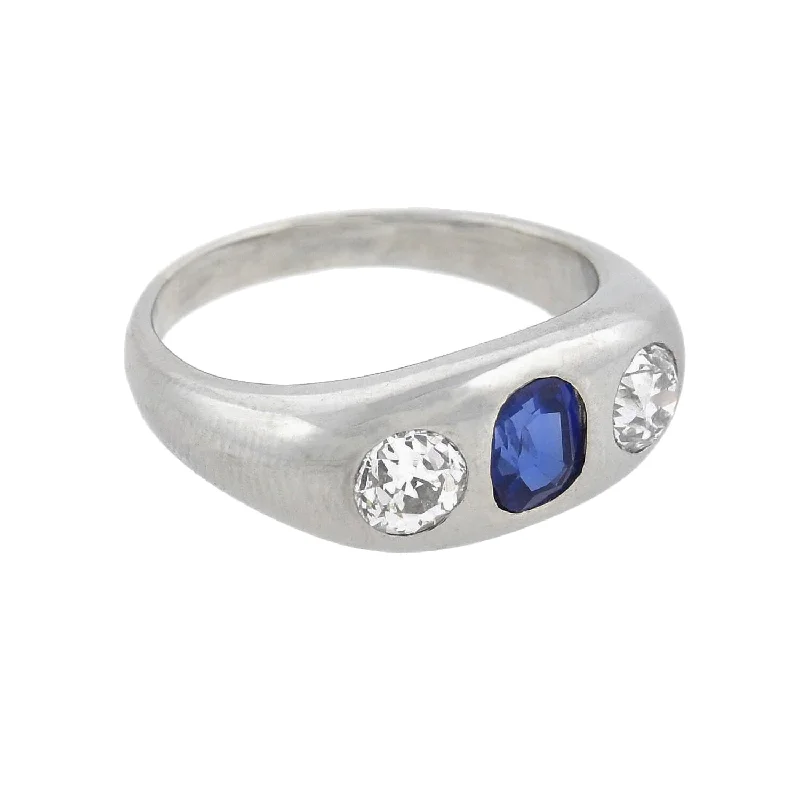 Edwardian Platinum Sapphire + Mine Cut Diamond 3-Stone Ring