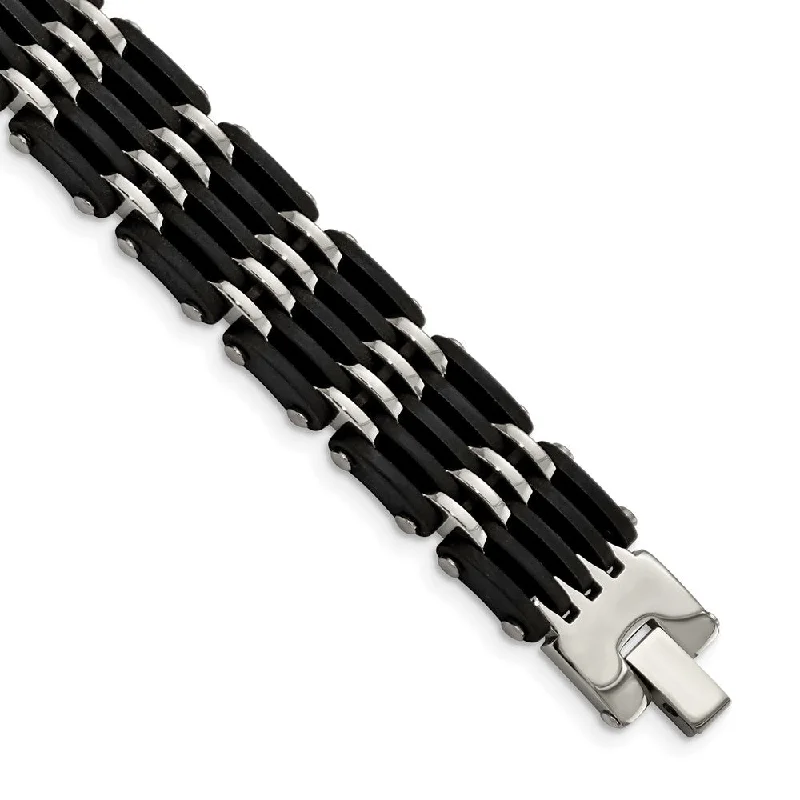 Men's 15mm Black Rubber & Polished Stainless Steel Bracelet, 8.25 Inch