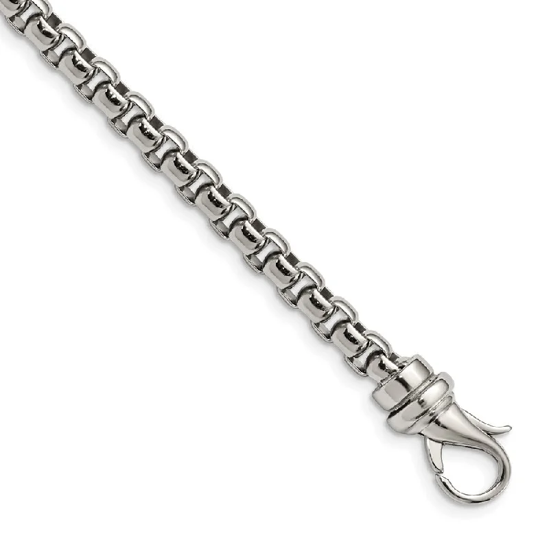 Mens 6mm Stainless Steel Polished Rounded Box Chain Bracelet, 8.5 Inch