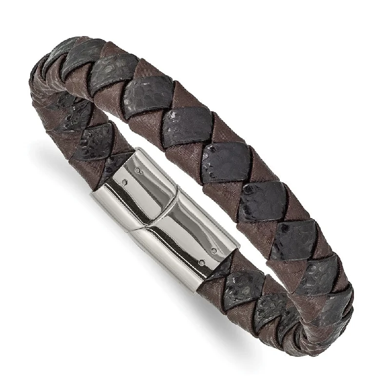 11.5mm Stainless Steel Textured Black & Brown Leather Bracelet, 8 Inch