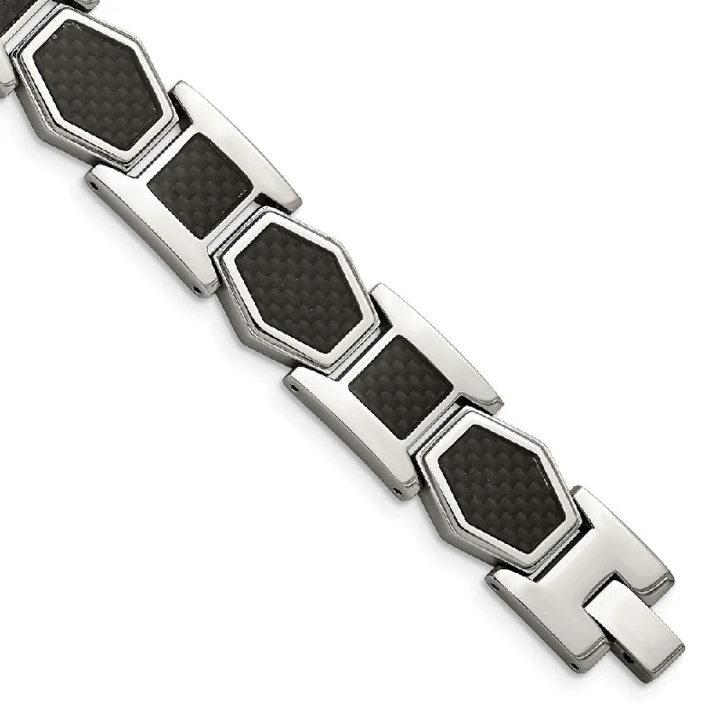 Mens 14mm Stainless Steel & Black Carbon Fiber Link Bracelet, 8.75 In