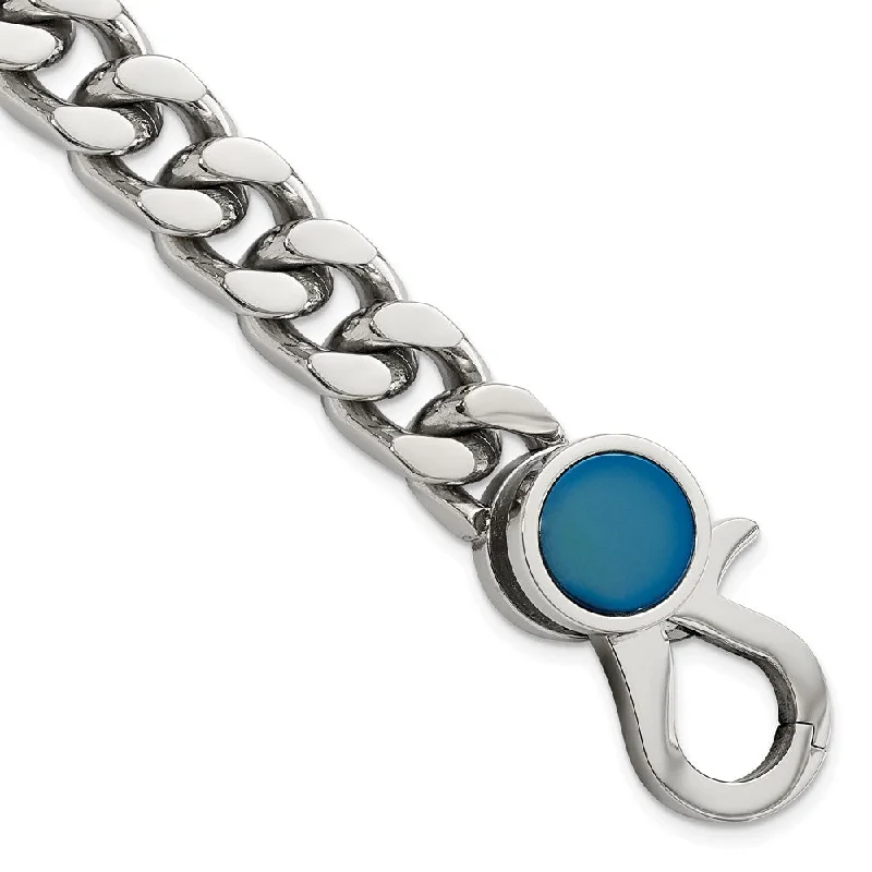 Men's Stainless Steel & Blue Plated Fancy Curb Chain Bracelet, 8 Inch