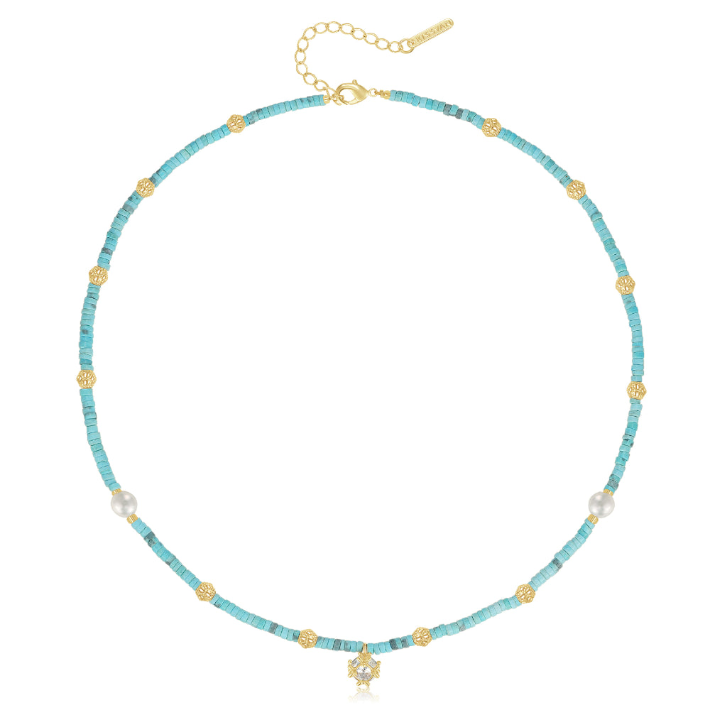 Turquoise Natural Stone Colorful Boho Seed Bead Necklace with CZ