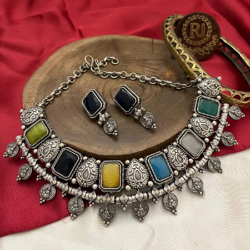 FS Collection Oxidised Plated Crystal Stone And Pearls Choker Necklace Set