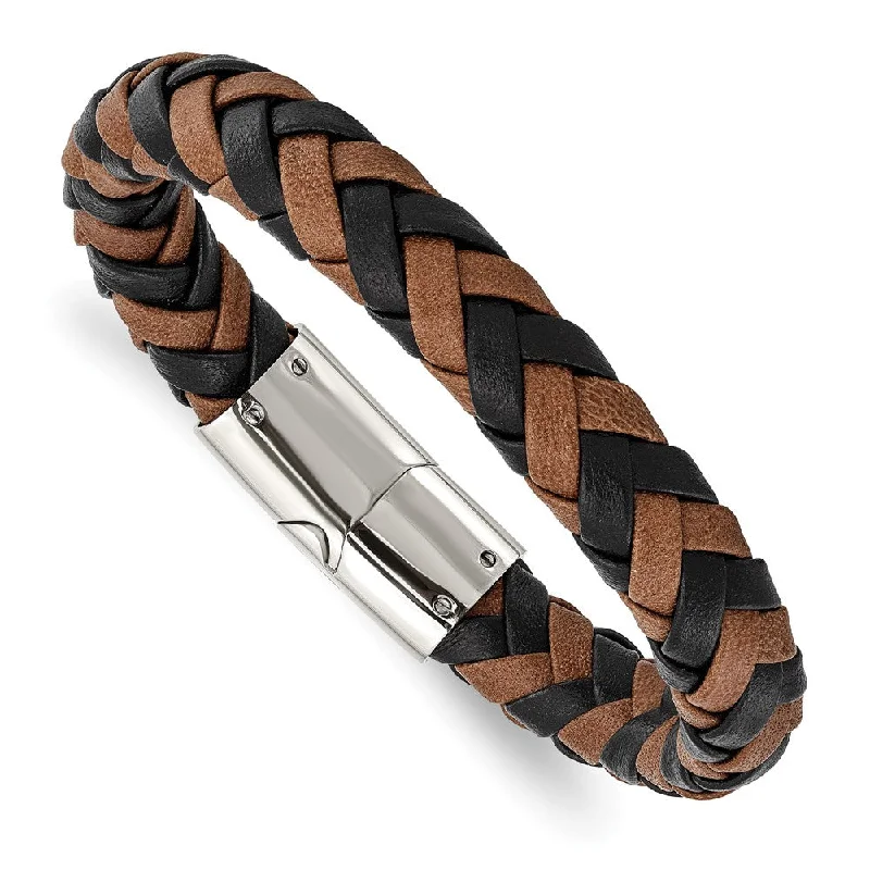 10.5mm Stainless Steel Black & Brown Leather Woven Bracelet, 8.5 Inch