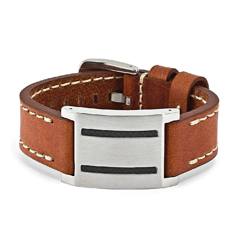 Mens Brown Leather, Carbon Fiber & Stainless Steel ID Buckle Bracelet