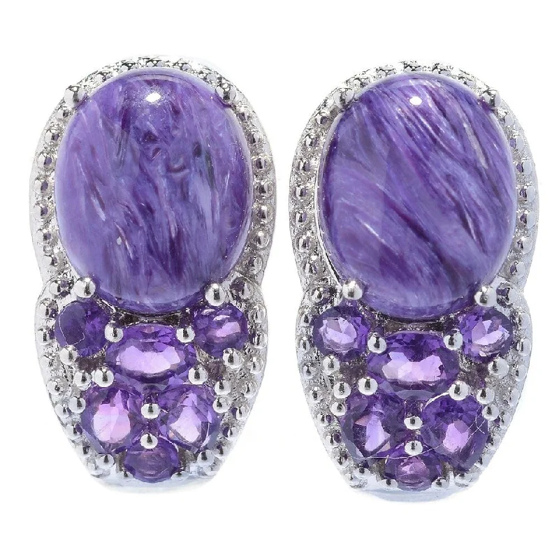 Sterling Silver Oval Cabochon Chatroite and Amethyst J-Hoop Earrings