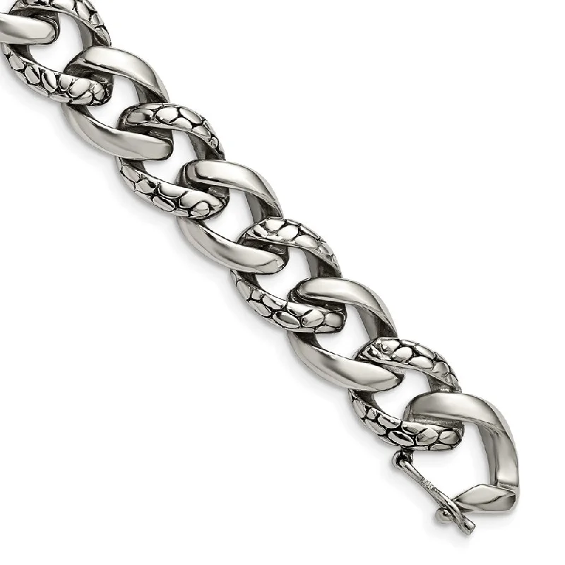 14mm Stainless Steel Textured & Polished Curb Chain Bracelet, 8.5 Inch