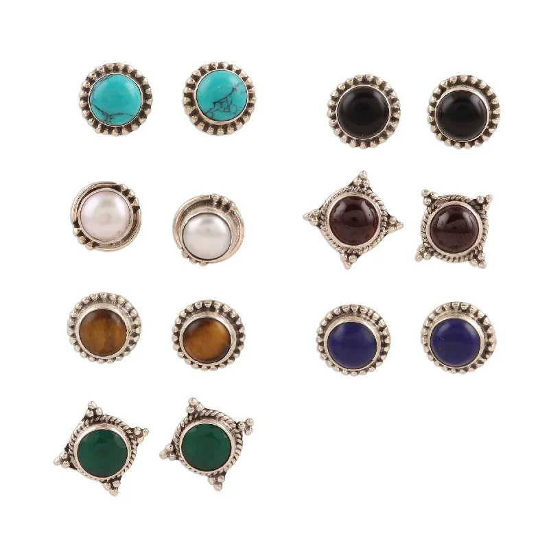 Novica Handmade Everyday Looks Gemstone Stud Earrings (Set Of 7)