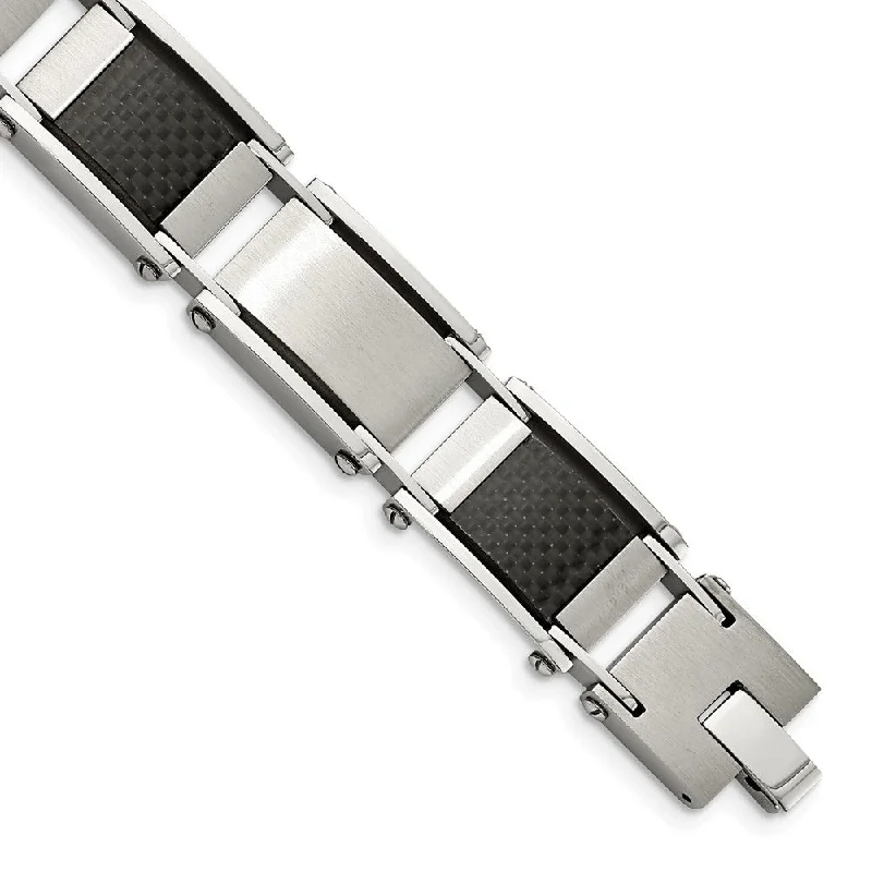 Men's Stainless Steel and Black Carbon Fiber Link Bracelet, 8.75 Inch