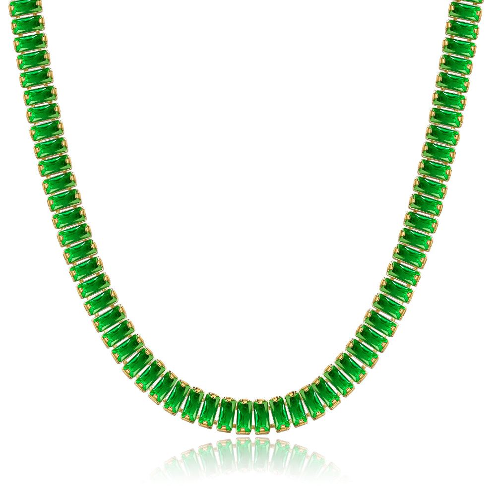 14K Gold Diamond Tennis Necklace CZ Baguette Tennis Chain- Green Baguette CZ