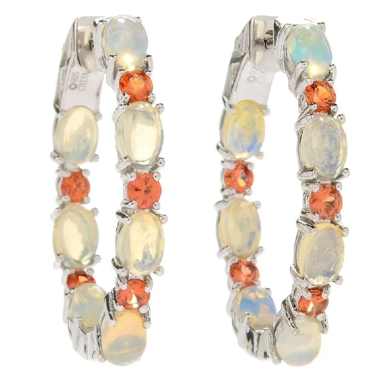 Sterling Silver Ethiopian Opal & Orange Sapphire Round Cut 3mm Earrings - White