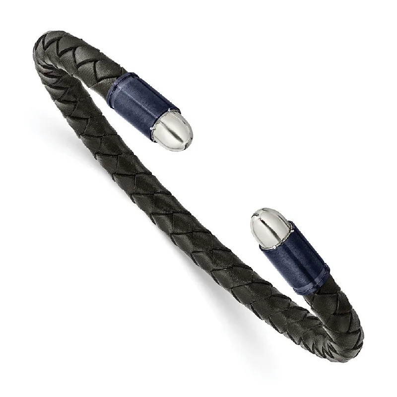 6mm Stainless Steel & Black Leather Braided Cuff Bracelet, 7.25 Inch