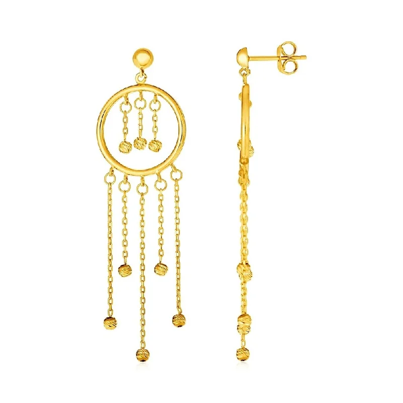 14k Yellow Gold Post Earrings with Circles and Round Bead Dangles