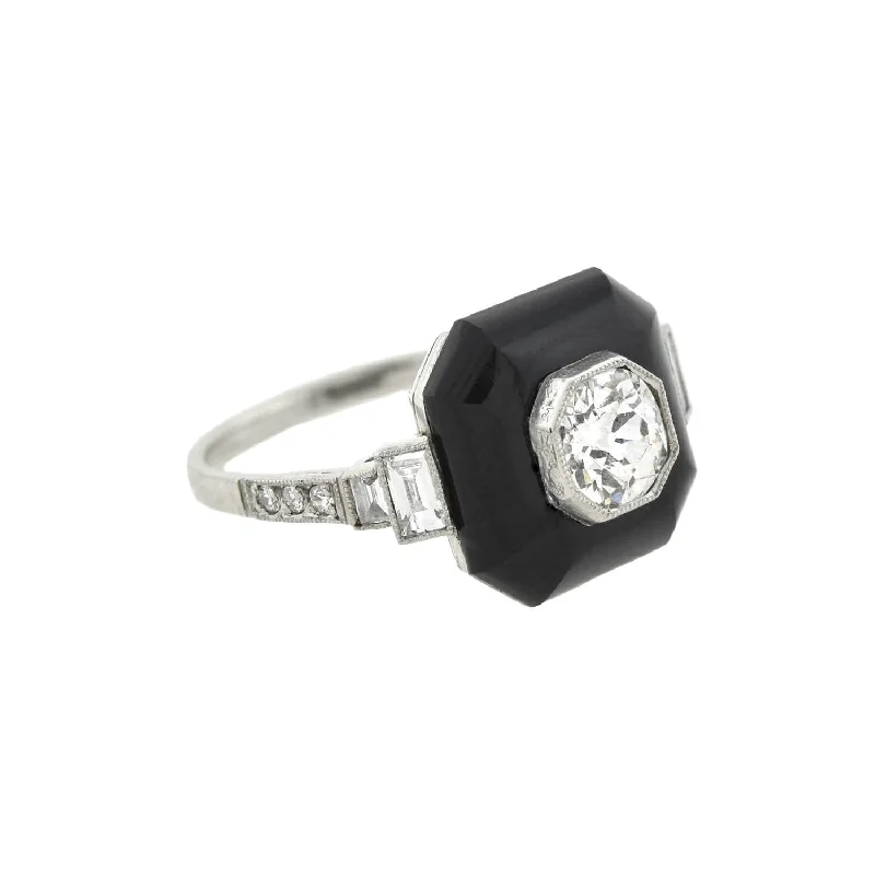 Art Deco Platinum Onyx + Diamond Ring