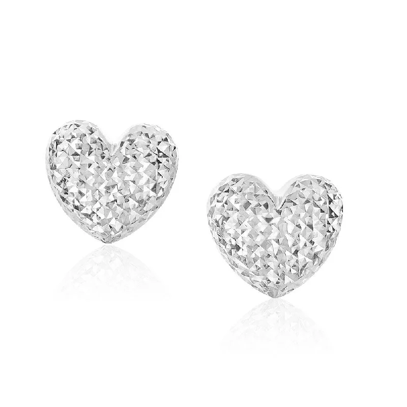 14k White Gold Puffed Heart Earrings with Diamond Cuts