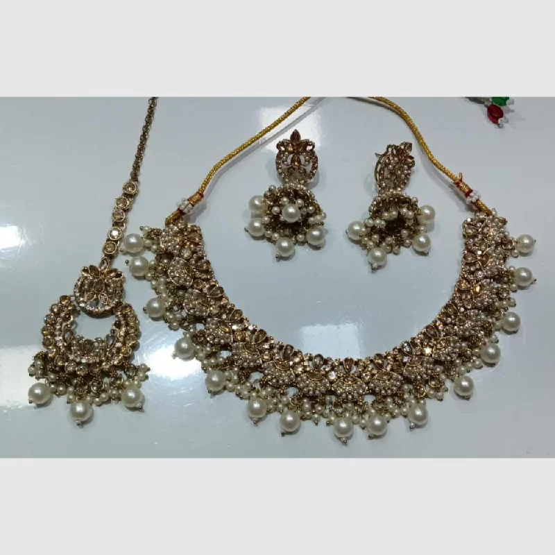 SNERA Gold Plated Crystal Stone And Pearls Necklace Set