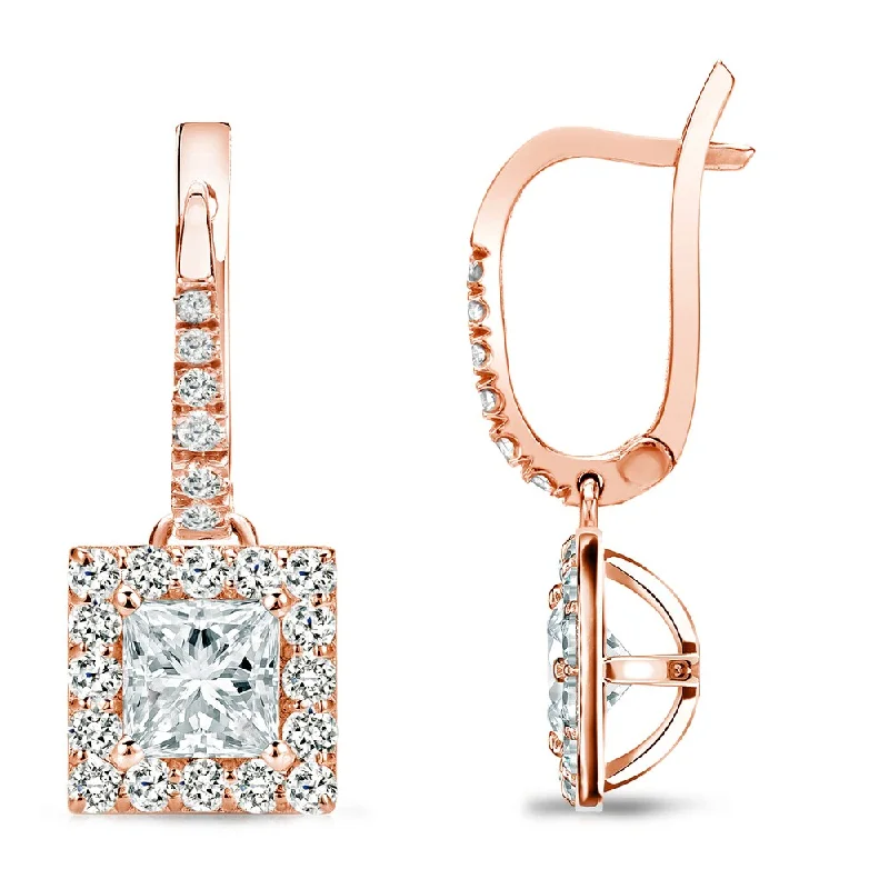 Auriya 1ctw Princess-cut Halo Diamond Dangle Earrings 14k Rose Gold (H-I, SI1-SI2)